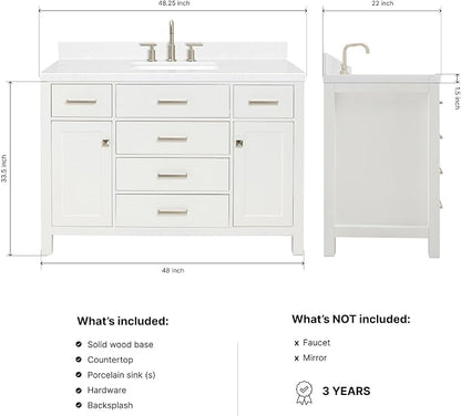 Alenza 48" White Bathroom Vanity with Sink, 1.5" Carrara Quartz Countertop, Single Rectangular Undermount Sink, 2 Soft Closing Doors, 5 Dovetail Drawers