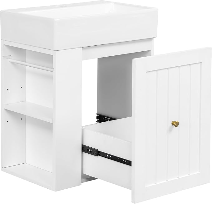 Harper & Bright Designs 20" Bathroom Vanity with Sink, Wall-Mounted Single Basin Vanity Set with One Drawer & Two-Tier Left Side Storage Shelf, Storage Cabinet with Ceramic Basin for Bathroom, White