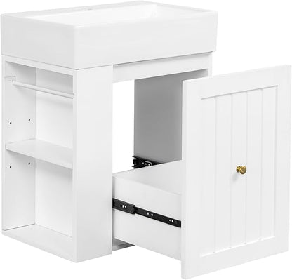 Harper & Bright Designs 20" Bathroom Vanity with Sink, Wall-Mounted Single Basin Vanity Set with One Drawer & Two-Tier Left Side Storage Shelf, Storage Cabinet with Ceramic Basin for Bathroom, White