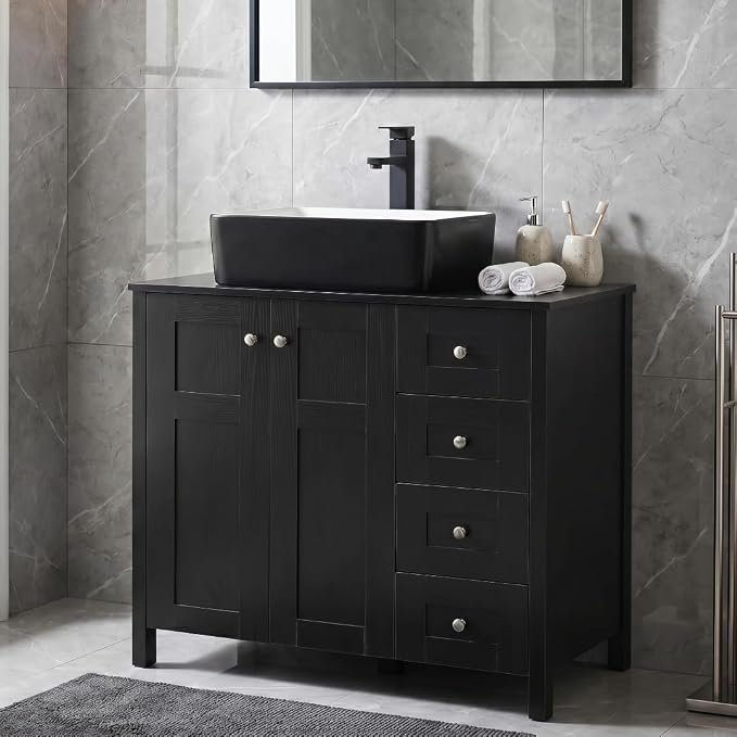 32'' Bathroom Vanity with Sink, Modern Bathroom Cabinet, Black | 2 Soft-Close Cabinet Doors, 4 Drawers, 2-Tier Inner Shelf, Freestanding Large Storage Cabinet, Black and White Ceramic