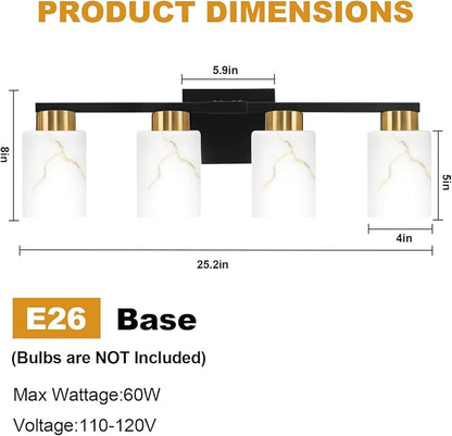 4-Light Bathroom Light Fixtures, Modern Vanity Lights, Black and Gold Metal Wall Lamp with White Marble Glass for Bathroom, Mirror, Living Room, Bedroom, Cabinet, Porch, Hallway, E26 Base