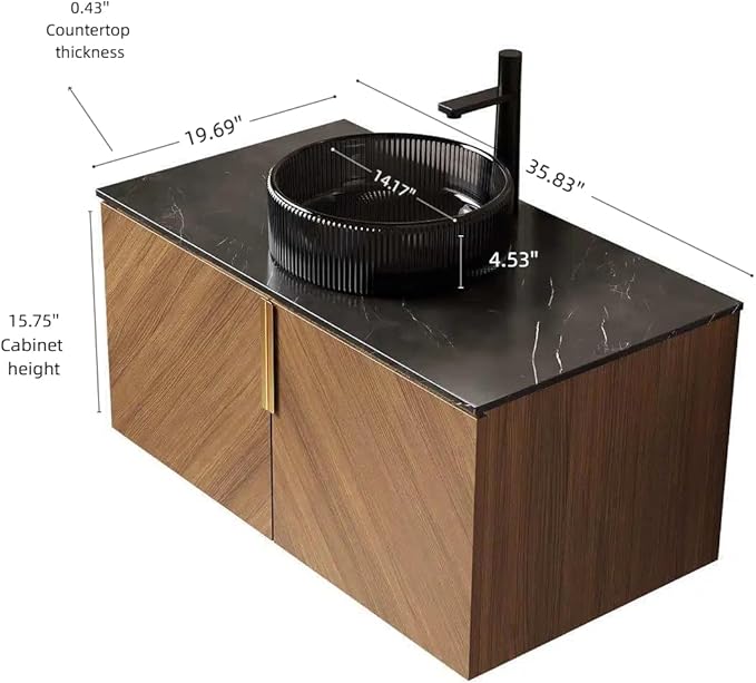 36 Inch Bathroom Vanity with Sink Combo, Floating Vanity Bathroom with Vessel Sink, Modern Bathroom Vanity Cabinet with Doors, Sintered Stone Countertop and Glass Sink,Brown Oak