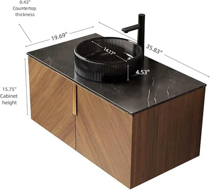 36 Inch Bathroom Vanity with Sink Combo, Floating Vanity Bathroom with Vessel Sink, Modern Bathroom Vanity Cabinet with Doors, Sintered Stone Countertop and Glass Sink,Brown Oak
