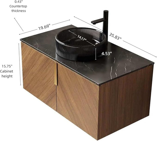 36 Inch Bathroom Vanity with Sink Combo, Floating Vanity Bathroom with Vessel Sink, Modern Bathroom Vanity Cabinet with Doors, Sintered Stone Countertop and Glass Sink,Brown Oak