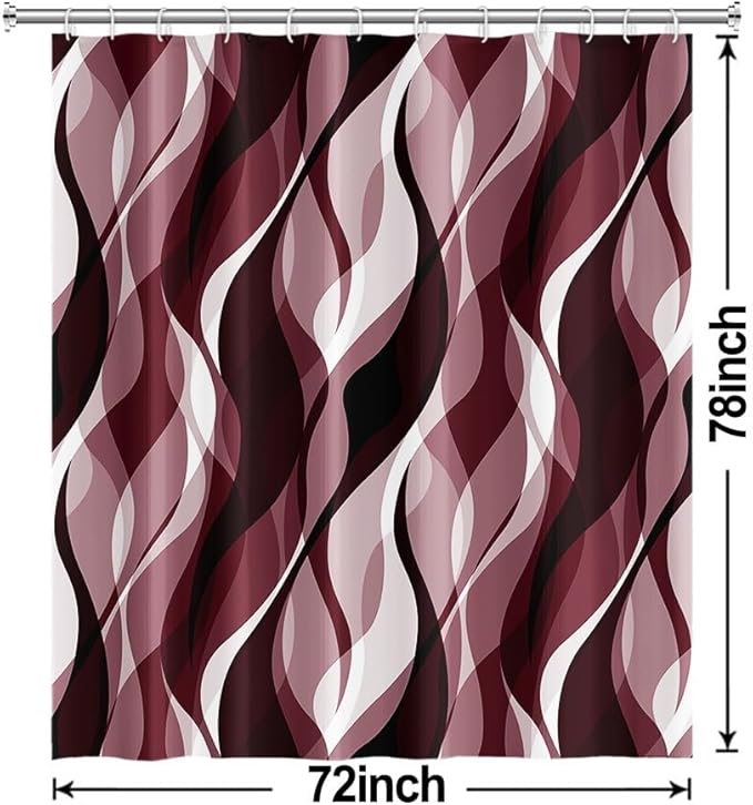 Burgundy Shower Curtain, Modern Abstract Ombre Burgundy Striped Shower Curtain Set for Bathroom Waterproof Shower Curtain with Hooks, 72x78 Inch