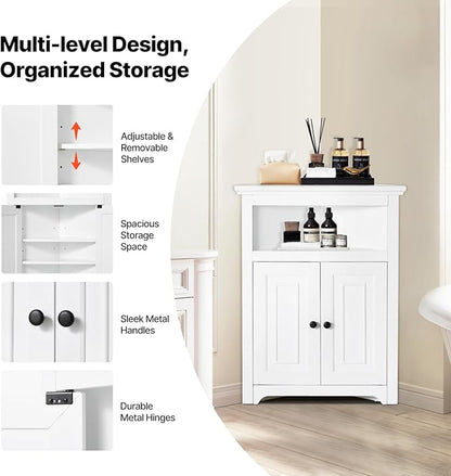 VEVOR 32" Corner Storage Cabinet, 3 Tiers Small Storage Cabinet with 2 Wooden Doors & Adjustable Shelves, Freestanding Corner Kitchen Cabinet for Living Room, Kitchen, Laundry Room, Bathroom, White