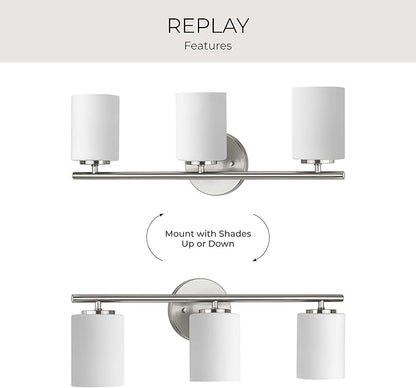 Replay Collection 3-Light Etched White Glass Modern Bath Vanity Light Brushed Nickel