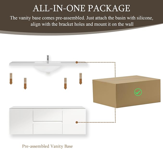 60 Inch Floating Bathroom Vanity with Sink, Large Storage Wall Mounted Floating Vanity with Soft Close Drawers, One-Piece Basin Bathroom Sink Cabinet (Glossy White, 60")