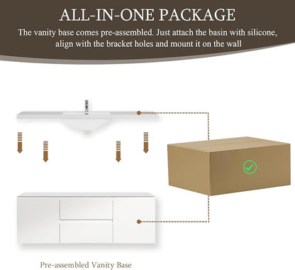 60 Inch Floating Bathroom Vanity with Sink, Large Storage Wall Mounted Floating Vanity with Soft Close Drawers, One-Piece Basin Bathroom Sink Cabinet (Glossy White, 60")