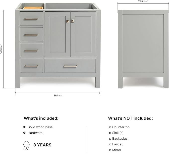 ARIEL Cambridge 36-inch Bathroom Vanity Base Cabinet,Solid Wood, 2 Soft Closing Doors, 5 Dovetail Drawers, Grey