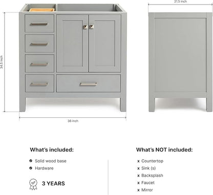 ARIEL Cambridge 36-inch Bathroom Vanity Base Cabinet,Solid Wood, 2 Soft Closing Doors, 5 Dovetail Drawers, Grey
