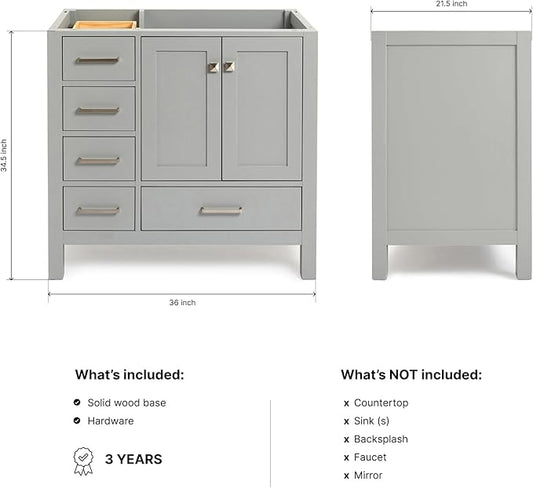 ARIEL Cambridge 36-inch Bathroom Vanity Base Cabinet,Solid Wood, 2 Soft Closing Doors, 5 Dovetail Drawers, Grey
