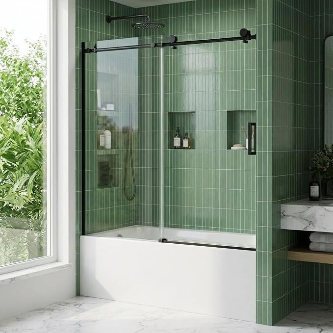 56-60" W x 59" H Frameless Sliding Shower Door, 1/4" (6mm) SGCC Tempered Glass with Explosion-Proof Film, Round Rail Design & 304 Stainless Steel Hardware, Easy-Clean Matte Black Finish