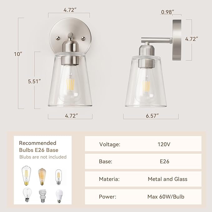 TALOYA 4 Inch Brushed Nickel Bathroom Light Fixtures with Thickend Clear Tapered Glass Shade, Set of 2 Modern Vanity Light for Bathrooms, Bedrooms (Bulbs Not Included)