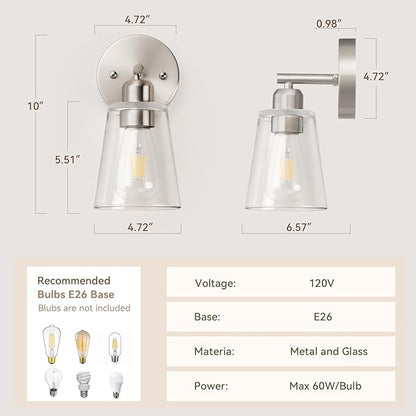 TALOYA 4 Inch Brushed Nickel Bathroom Light Fixtures with Thickend Clear Tapered Glass Shade, Set of 2 Modern Vanity Light for Bathrooms, Bedrooms (Bulbs Not Included)