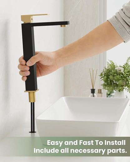 gotonovo Vessel Sink Faucet Single Handle Tall Bathroom Faucet One Hole Modern Lavatory Vanity Basin Mixer Tap Matching Supply Hoses and Pop up Drain Without Overflow, Matte Black&Brushed Gold