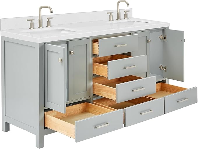 ARIEL Cambridge 66-inch Bathroom Vanity with Sink,Solid Wood, 1.5-inch Carrara White Quartz Countertop, Double Rectangular Porcelain Sink, 4 Soft Closing Doors, 6 Dovetail Drawers, Grey