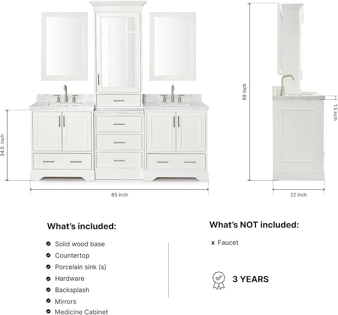 ARIEL Stafford 84-inch Bathroom Vanity with Sink,Solid Wood, 1.5-inch Italian Carrara Marble Countertop, Double Rectangular Porcelain Sink, 5 Soft Closing Doors, 6 Dovetail Drawers, White