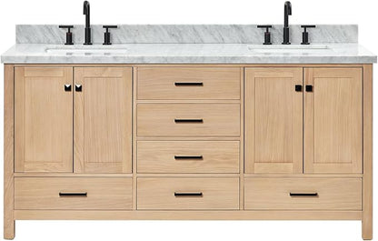 ARIEL Cambridge 72-inch Bathroom Vanity with Sink,Solid Wood, 1.5-inch Italian Carrara Marble Countertop, Double Rectangular Porcelain Sink, 4 Soft Closing Doors, 6 Dovetail Drawers, White Oak
