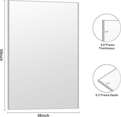 KOCUUY Silver Bathroom Mirror, 55"x36" Large Rectangle Bathroom Mirror for Wall, HD Tempered Glass, Anti-Rust Brushed Silver Frame, Modern Design for Bathroom, Bedroom, Hang Horizontal/Vertical