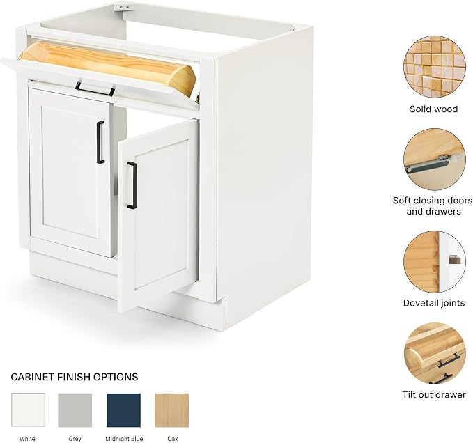 ARIEL Hepburn 30-inch Bathroom Vanity Base Cabinet,Solid Wood, 2 Soft Closing Doors, 1 Dovetail Drawers, White