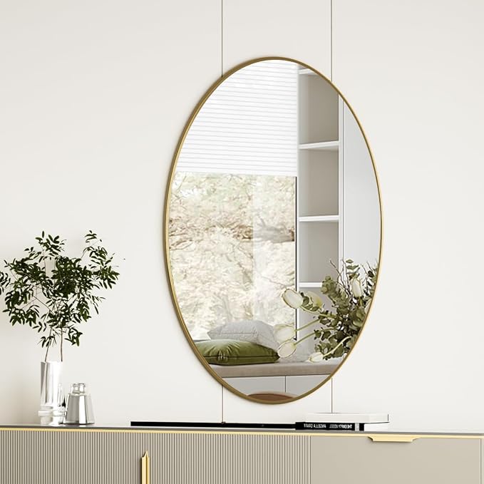 Koonmi Gold Oval Bathroom Mirror, 20"x28" Oval Mirror for Wall | Shatterproof Bathroom Vanity Mirror for Bedroom Living Room Entryway, Horizontal or Vertical, Hardware Included