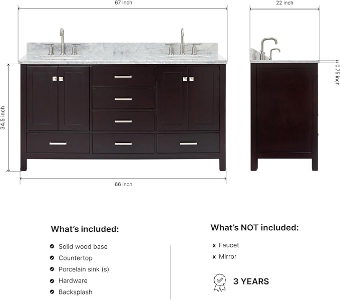 ARIEL Cambridge 66-inch Bathroom Vanity with Sink,Solid Wood, 0.75-inch Italian Carrara Marble Countertop, Double Oval Porcelain Sink, 4 Soft Closing Doors, 6 Dovetail Drawers, Espresso