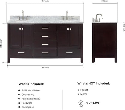 ARIEL Cambridge 66-inch Bathroom Vanity with Sink,Solid Wood, 0.75-inch Italian Carrara Marble Countertop, Double Oval Porcelain Sink, 4 Soft Closing Doors, 6 Dovetail Drawers, Espresso