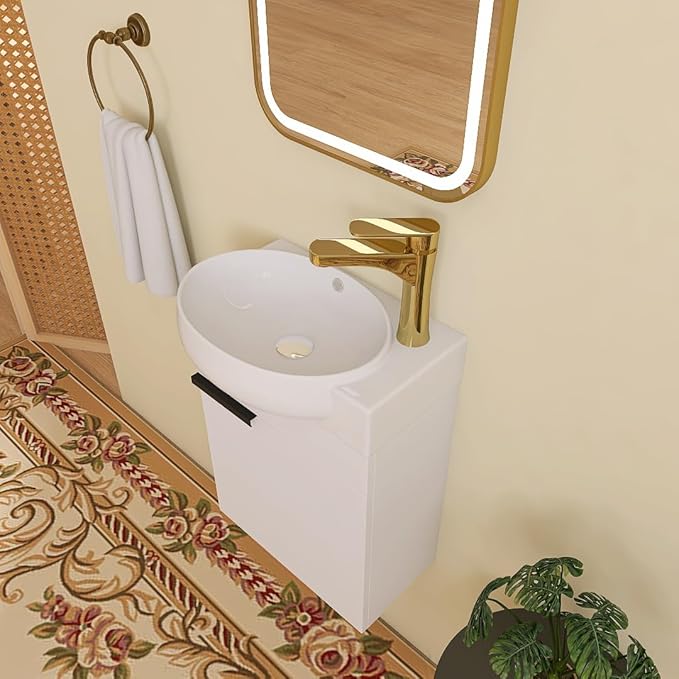 16" Wall Mounted Bathroom Vanity with Sink, 16 inch Floating Bathroom Vanity, Mordern Sink Vanity Combo, Basin and Cabinet 1 Soft Closing Door, White(WH-029, 16 * 10)