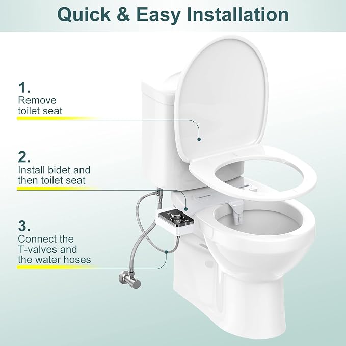 Bidet Attachment for Toilet, Ultra-Slim, Self Cleaning, Dual Nozzle, Feminine & Posterior Wash, Fresh Cold Water Sprayer, for Existing Toilets Seat, Baday Beday Badette Bedette, Black