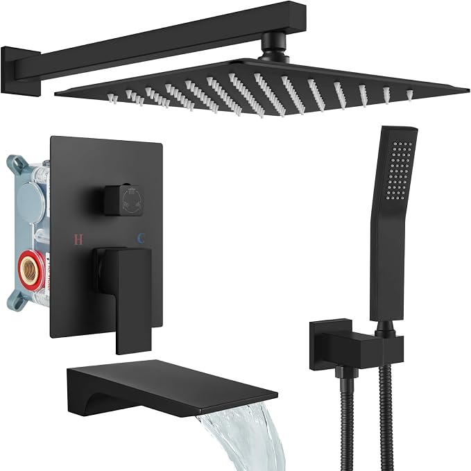 gotonovo Tub Shower Faucet Set with Valve 12'' Rain Head,Matte Black | Waterfall Tub Spout Shower System,Bathtub Faucet Set,SUS304 Rain Head with Handheld,Brass Valve Trim Kit,All Metal,Wall Mount