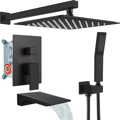 gotonovo Tub Shower Faucet Set with Valve 12'' Rain Head,Matte Black | Waterfall Tub Spout Shower System,Bathtub Faucet Set,SUS304 Rain Head with Handheld,Brass Valve Trim Kit,All Metal,Wall Mount