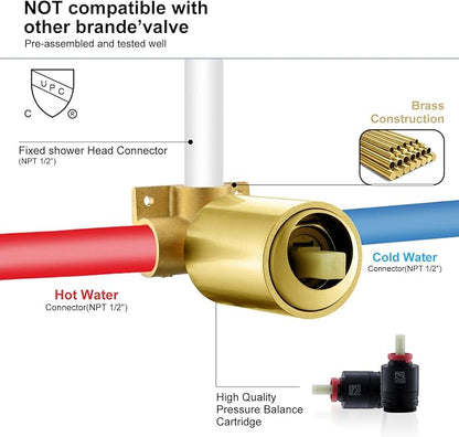 KENES Brushed Gold Shower Faucet, Modern Square 6-Inch Shower Head and Handle Set, Bathroom Rainfall Shower System Wall Mount, KE-6025B-4 (Including Shower Valve)