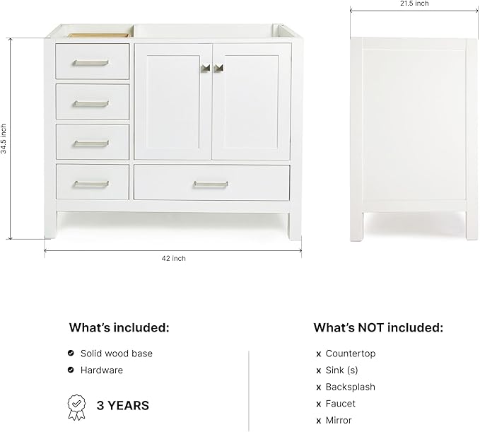 ARIEL Cambridge 42-inch Bathroom Vanity Base Cabinet,Solid Wood, 2 Soft Closing Doors, 5 Dovetail Drawers, White