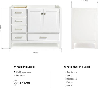 ARIEL Cambridge 42-inch Bathroom Vanity Base Cabinet,Solid Wood, 2 Soft Closing Doors, 5 Dovetail Drawers, White