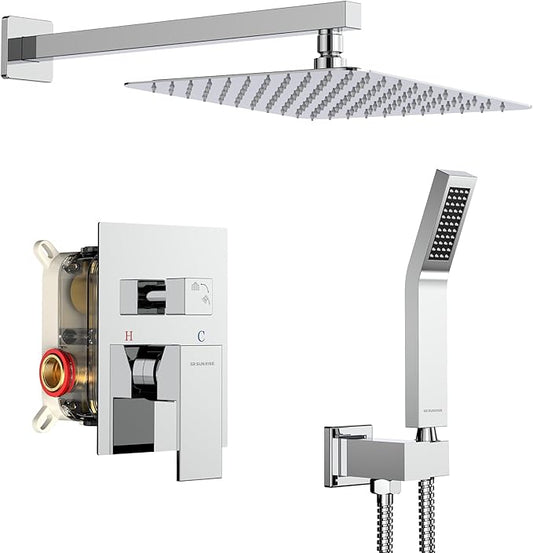 SR SUN RISE Polished Chrome Square Rainfall Shower Head and Handle Set, Wall Mounted Shower Fixtures, Metal Shower Faucet Trim Repair Kits (With Shower Valve)