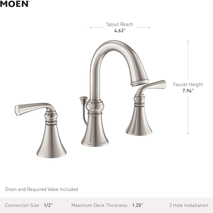 Moen Wetherly Spot Resist Brushed Nickel Two-Handle Widespread Bathroom Faucet with Valve Included, 3-hole Deck Mounted Setup, WS84855SRN