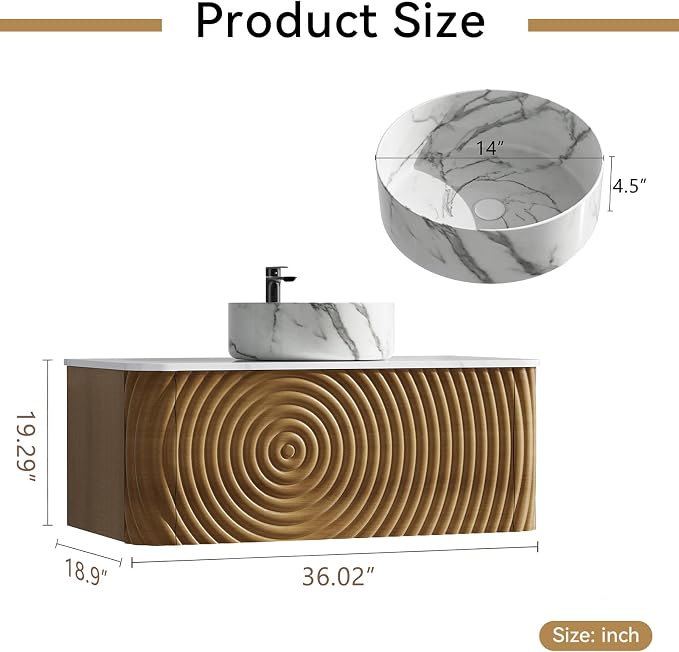 36" Floating Bathroom Vanity with Sink, Mid-Century Wall Mounted Bathroom Vanity Cabinet with Waved Decor, Marble Ceramic Basin, Sintered Stone Top, Soft Close Storage Drawer, Natural