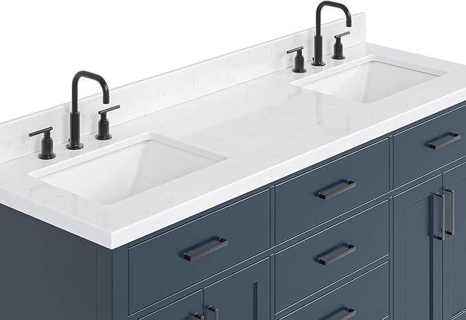 DKB Isabella 66" Midnight Blue Double Bathroom Vanity, 1.5" Carrara Quartz Countertop, Double Rectangular Undermount Sinks, 4 Soft Closing Doors, 6 Dovetail Drawers