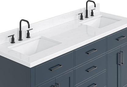 ARIEL Hepburn 66-inch Bathroom Vanity with Sink,Solid Wood, 1.5-inch Carrara White Quartz Countertop, Double Rectangular Porcelain Sink, 4 Soft Closing Doors, 6 Dovetail Drawers, Midnight Blue