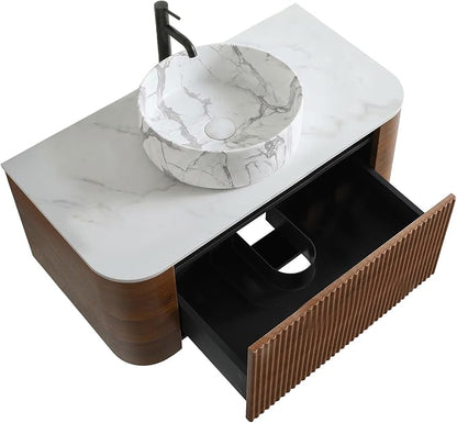 36" Preassembled Floating Bathroom Vanity with Carrara Finish Sink, Walnut | Mid-Century Modern Style, Fluted & Soft-Close Drawer with U-shaped Wall, Sinterted Stone Countertop, Towel Rack Included