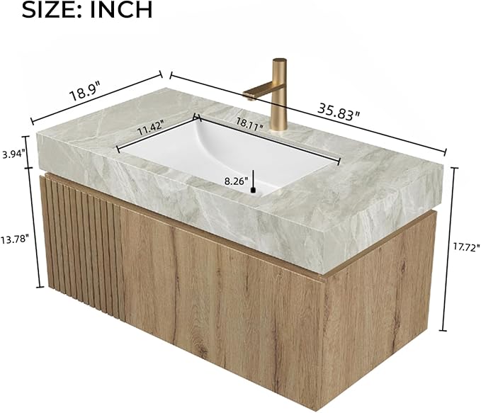 LKTART Floating 36 Inch Bathroom Vanity with Sink, Modern Plywood Wall Mounted Bathroom Storage Cabinet with 1 Door and 1 Drawer, Roma Travertine-Pattern Sintered Stone Countertop and Ceramic Basin