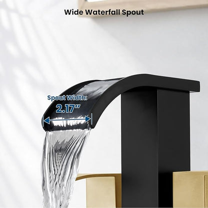 gotonovo Waterfall 4 Inch Centerset Bathroom Sink Faucet 2 Handle Basin Faucets 2 or 3 Hole Deck Mount with Pop Up Drain Included Lavatory Modern Mixer Tap Vanity Faucet Matte Black & Brushed Gold