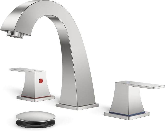 FORIOUS Brushed Nickel Bathroom Faucet 3 Hole 8 Inch Widespread Two Handles | Lead-Free Bathroom Sink Faucet 4-12 Inch 3 Hole Install, Pop-up Drain and cUPC Supply Lines, for RV Vanity Lavatory Restroom