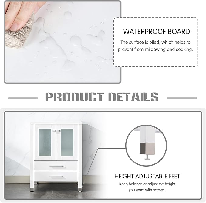 LUCKWIND 72" Double 24-in Bathroom Vanity with Sink Combo, Elegant Series with Two 12.6-in Side Cabinets, Painted Frame, Including Transparent Round Sinks, Faucets Without Mirrors, White