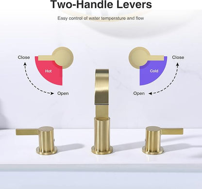 TRUSTMI 8 Inch Widespread Brushed Gold Bathroom Faucet 3 Hole 2 Handle Brass Vanity Sink Faucet with 360 Degree Swivel Spout, Overflow Drain and cUPC Waterlines
