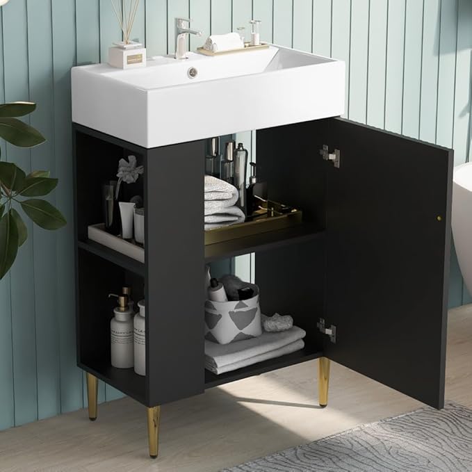 22" Small Bathroom Vanity with Sink, Morden Bathroom Vanities with Soft-Close Door and Open Shelf, Freestanding Narrow Vanity for Compact Space-Saving Bathrooms (Black,22" Freestanding Left Shelf)