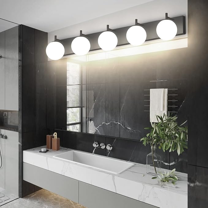 Aipsun Vanity Light, 5 Lights Matte Black Bathroom Light Fixtures, Vanity Lights with Milky White Globe Glass, Black Lights Over Mirror