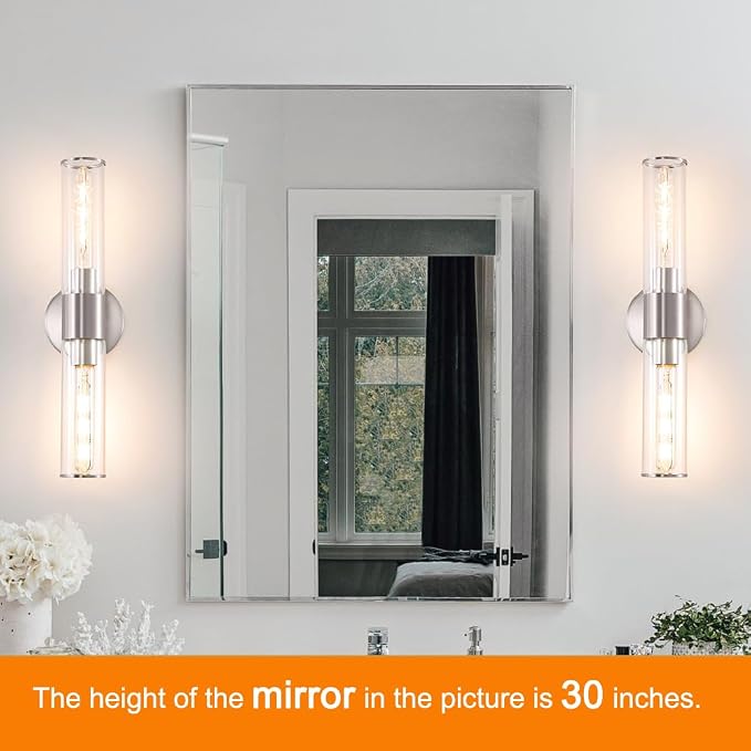 Brushed Nickel Wall Sconces Set of 2 (Hardwired Only), Bathroom Vanity Light Fixtures, Modern Cylinder Glass Wall Lights for Mirror 28-40 in Height, NOT Battery Operated, E26 Base (Bulbs Not Included)