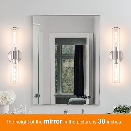 Brushed Nickel Wall Sconces Set of 2 (Hardwired Only), Bathroom Vanity Light Fixtures, Modern Cylinder Glass Wall Lights for Mirror 28-40 in Height, NOT Battery Operated, E26 Base (Bulbs Not Included)